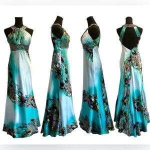 Laura Petites blue multicoloured sequin beaded pleated halter prom maxi gown 2P